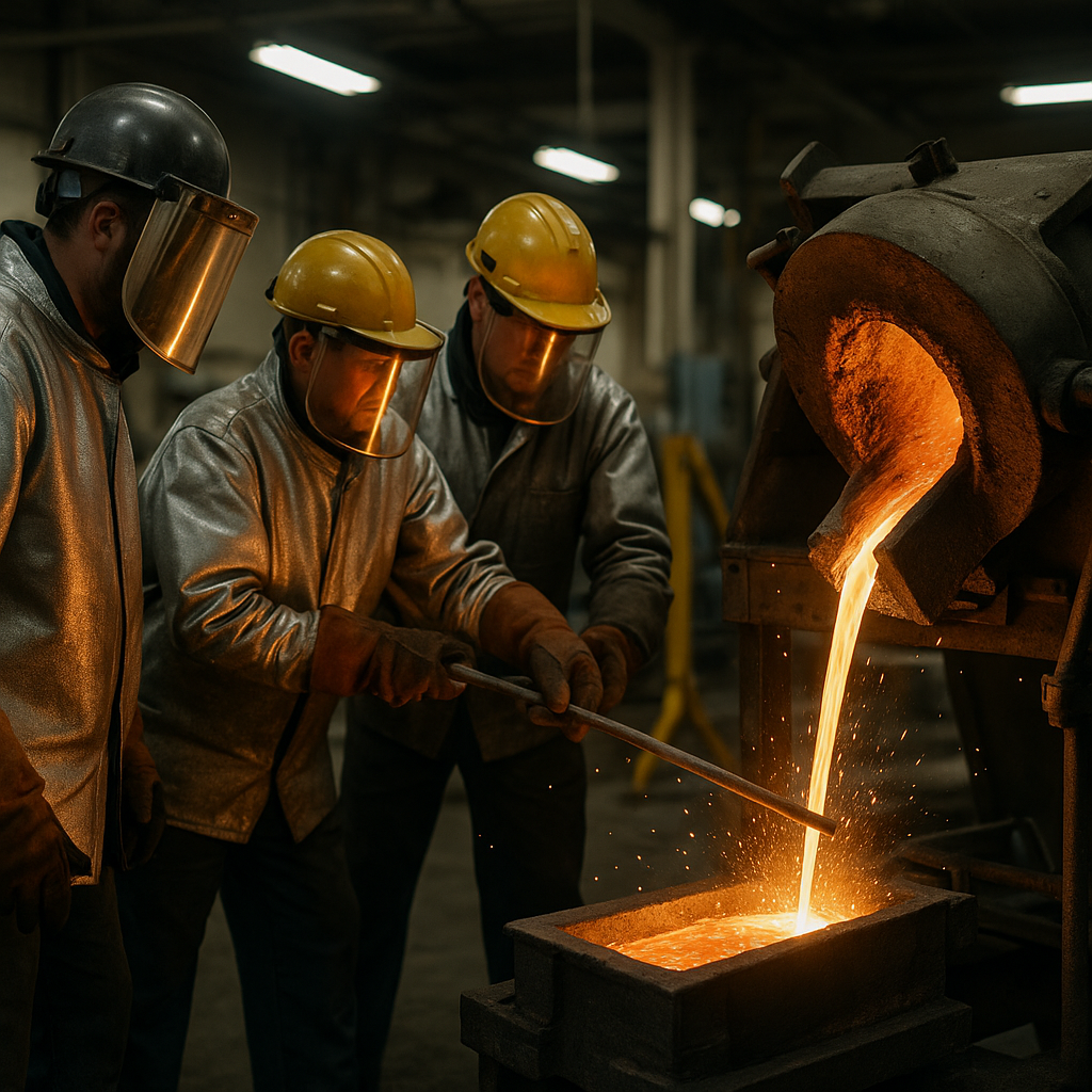 Molten Copper Pouring in Metal Foundry Workers pouring glowing molten copper from a furnace into a mold in a metal foundry, with visible sparks and heat.