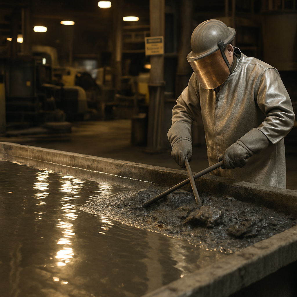 Molten Metal Processing A side-by-side scene showing a clear, shiny molten metal surface on one side and a worker skimming off dirty slag from molten metal in an industrial setting on the other.