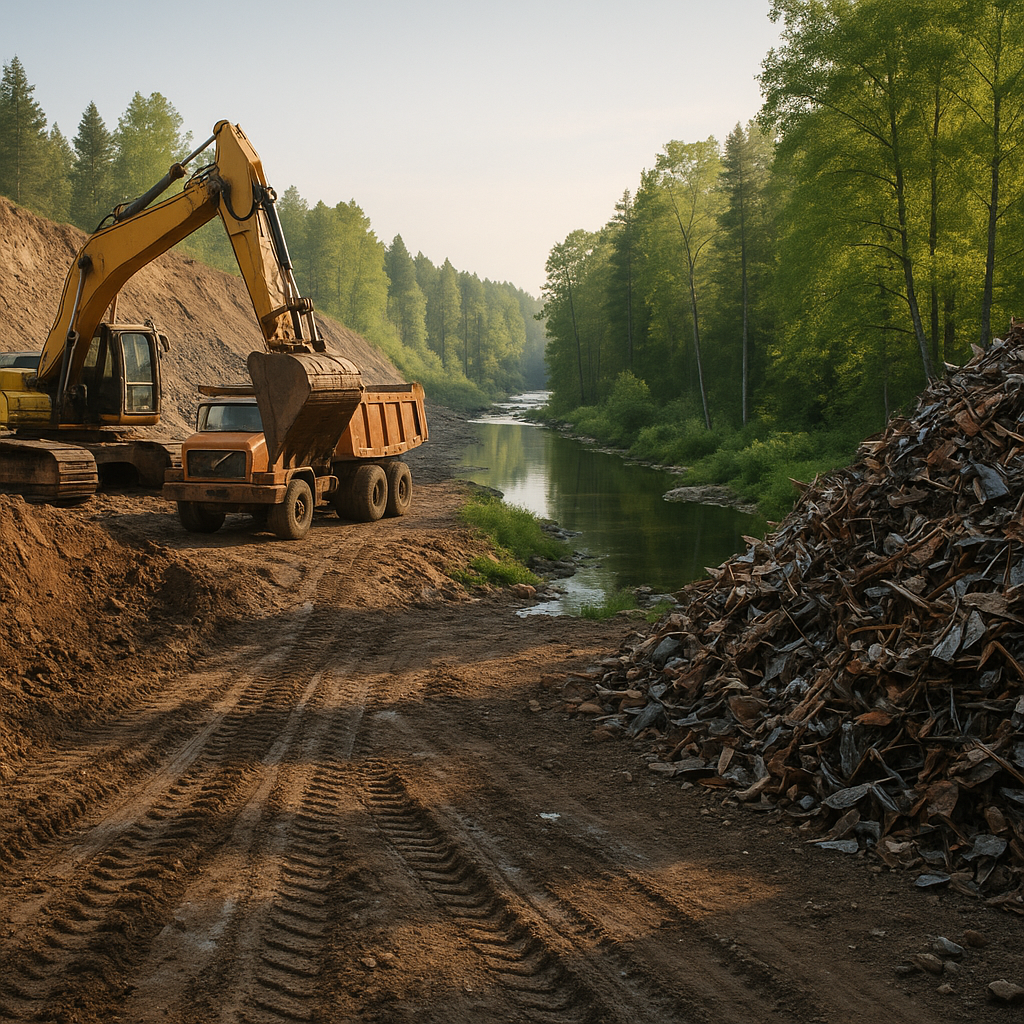 Open Mine Transitioning to Conservation Heavy machinery digging into earth of an open mine transitioning into a lush forest and clear river, with piles of sorted scrap metal beside a conserved natural landscape.
