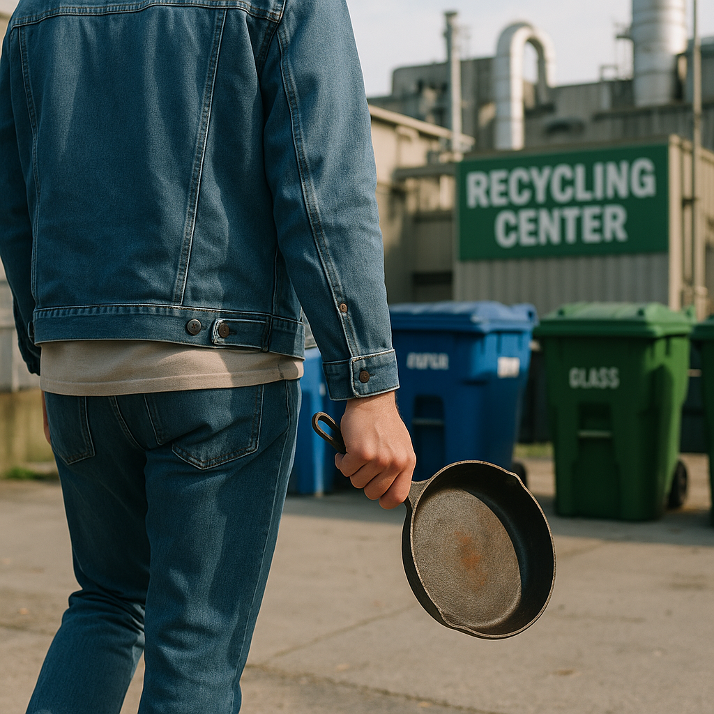 Person carrying an old cast iron skillet to a city recycling center with recycling bins and facility in the background.