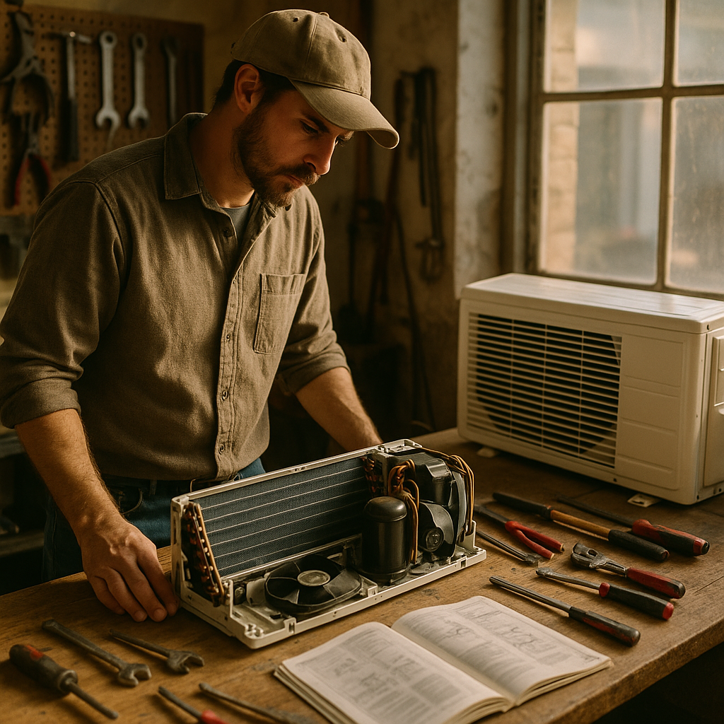 Workshop Analysis of Air Conditioner Person pondering over a disassembled air conditioner on a workbench with a whole AC unit nearby, surrounded by tools and manuals.