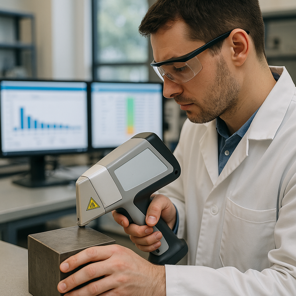 Technician Using Portable XRF Analyzer in Industrial Lab Technician using a portable XRF analyzer on a metal sample in a modern industrial lab with digital screens displaying analysis results in the background