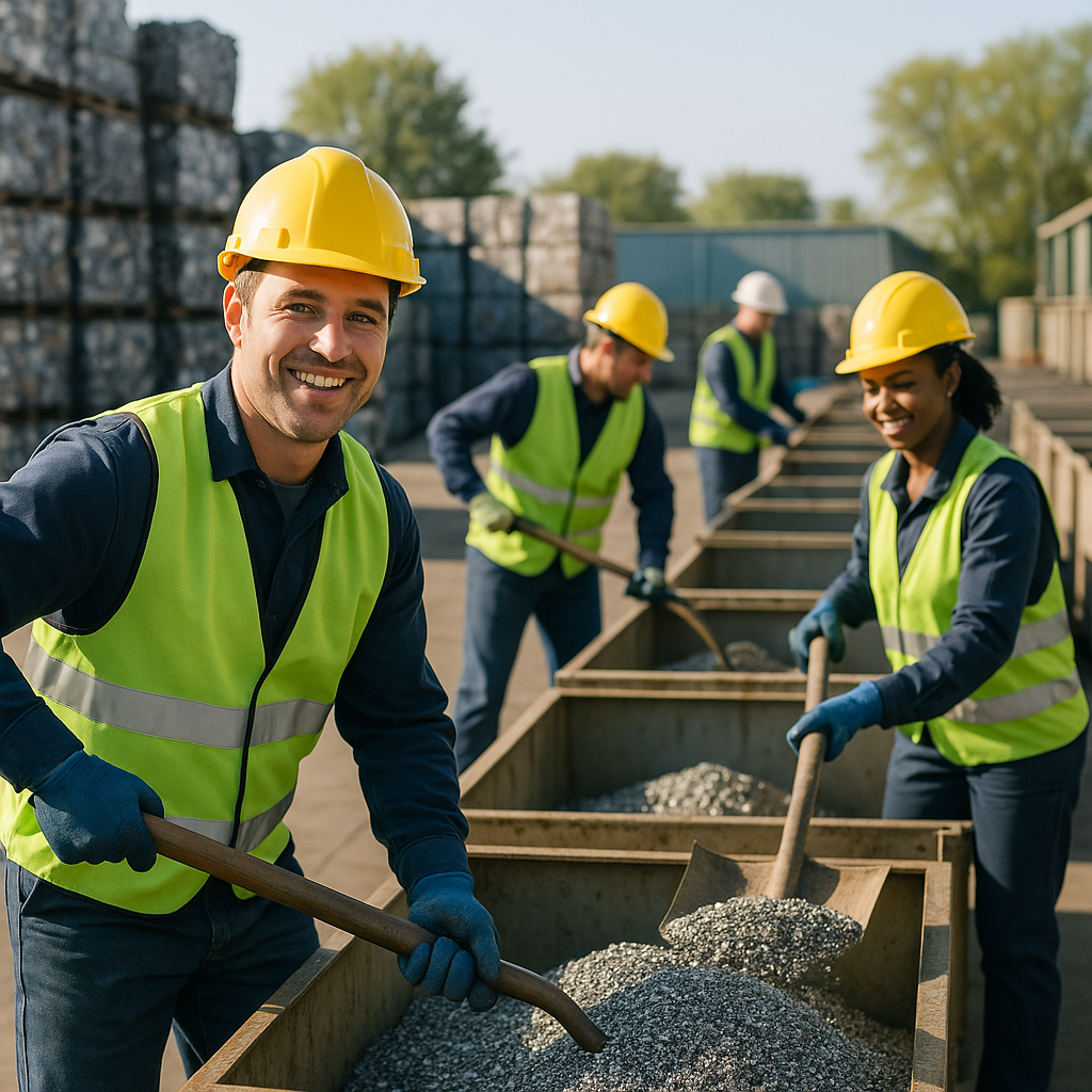 Loading Processed Metal Particles in Recycling Yard Clean piles of processed metal particles being loaded into containers with smiling workers, organized recycling yard in background.