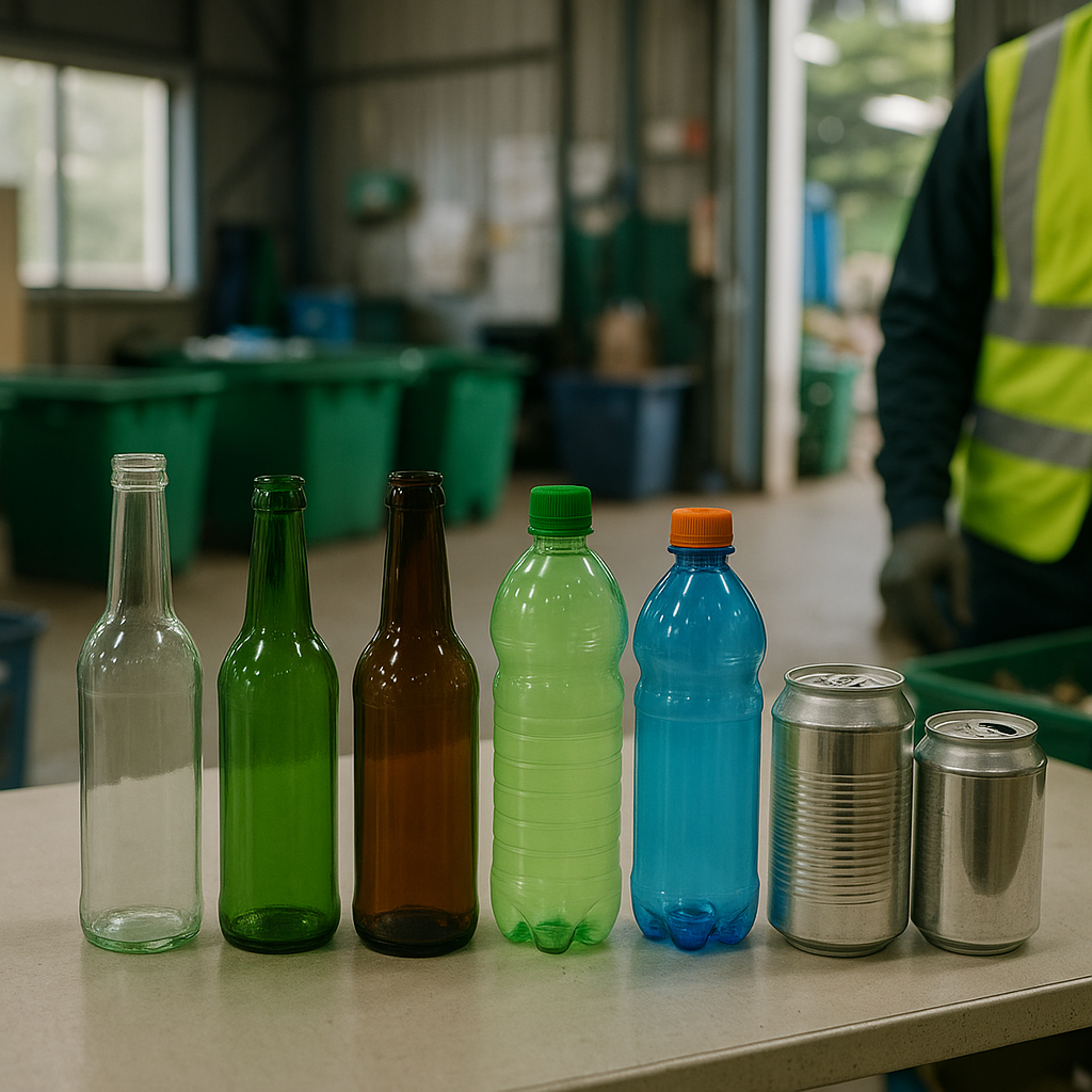 Sorting Table of Recyclables Various recyclables including clear, green, brown glass, colored plastic bottles, and aluminum cans on a sorting table