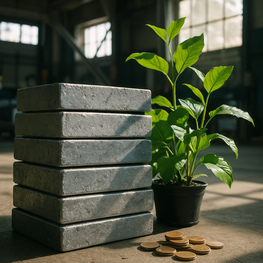 Recycled Metal Bars and Green Plants Freshly recycled metal bars stacked beside healthy green plants with coins in the foreground and sunlight streaming through a factory window.