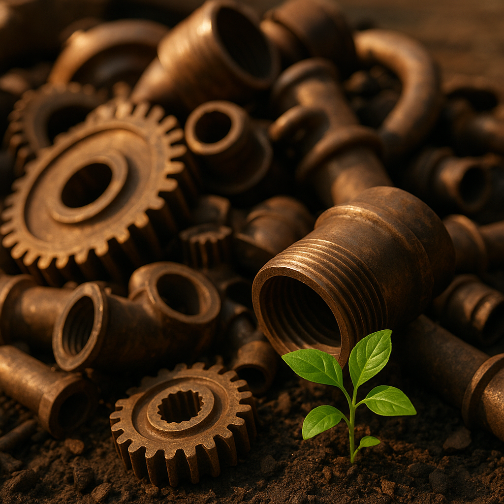 A pile of recycled bronze items, including gears and pipes, with green leaves sprouting nearby, symbolizing environmental and economic benefits.