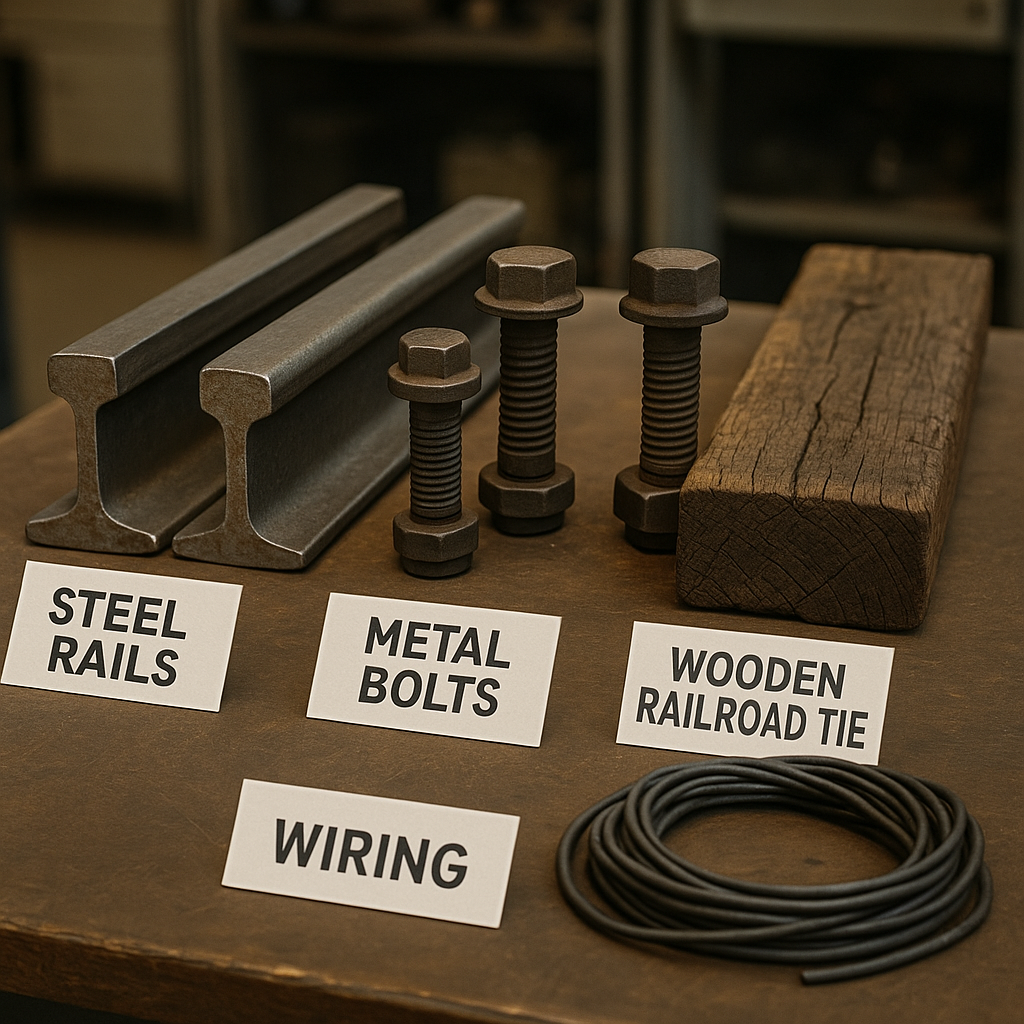 Recycled Railway Materials Close-Up Close-up of varied recycled railway materials including steel rails, metal bolts, wooden railroad ties, and wiring, labeled for clarity.