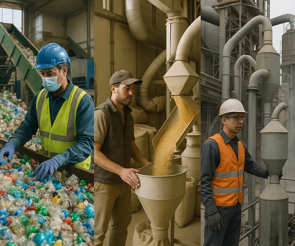 Collage showing a recycling plant sorting plastics, grain processing at an agricultural facility, and a cement factory, all featuring air classification equipment and workers monitoring the processes.