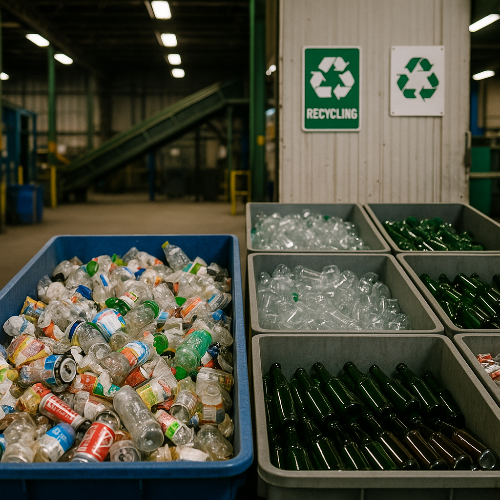 Before-and-After Recycling Comparison Before-and-after comparison of mixed recyclables versus neatly separated colored materials in a recycling facility.
