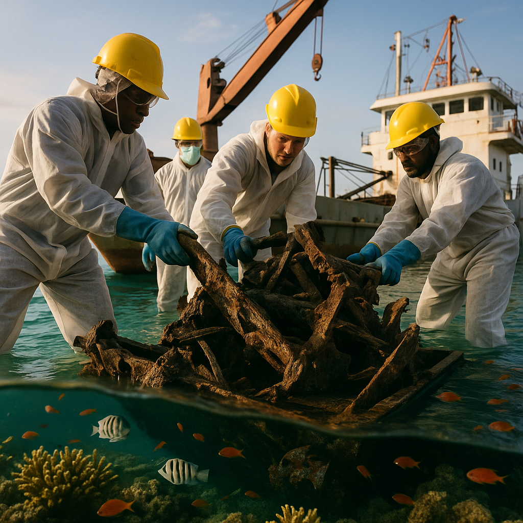 Recycling Efforts in Pristine Waters Clean ocean water with thriving fish and coral in the foreground, with workers loading recovered scrap metal from a shipwreck onto a recycling vessel.