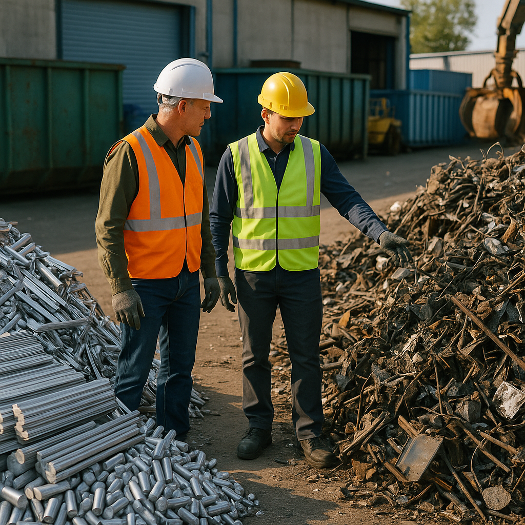 Split scene of a recycling facility showing clean, sorted metal piles on one side and mixed, unsorted scrap with debris on the other side, with workers evaluating the results.