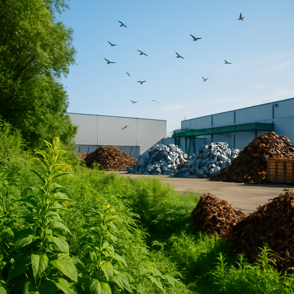 Lush Green Area by Recycling Plant Lush green area beside a clean recycling plant with sorted scrap heaps under blue skies and birds flying nearby.