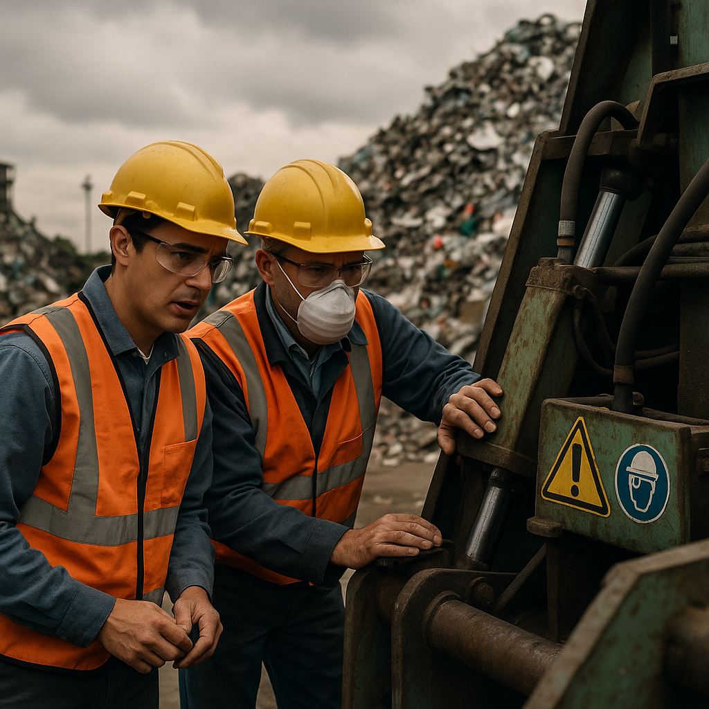 Concerns at the Recycling Plant Recycling plant with overflowing scrap piles and concerned workers inspecting machinery under a cloudy sky, conveying a sense of difficulty.