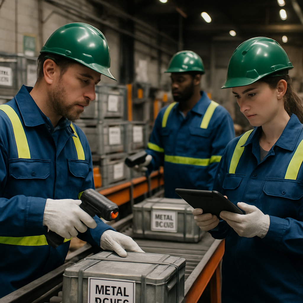 Staff at Recycling Plant Using Technology for Shipment Tracking Staff at a recycling plant using handheld scanners and digital tablets to monitor metal shipments on conveyor belts.
