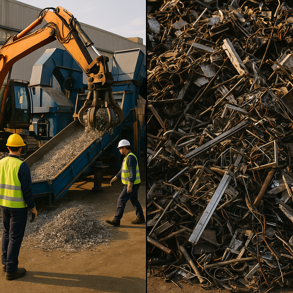 Recycling Plant and Metal Waste Comparison A side-by-side scene of a clean recycling plant effectively reducing metal waste alongside a complex pile of mixed metals that pose sorting difficulties.
