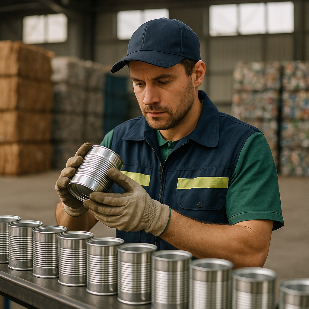 Inspection of Steel Cans in Recycling Plant A recycling plant worker inspecting shiny, clean steel cans on a conveyor belt with organized stacks of recycled materials in the background.