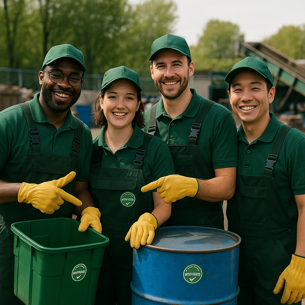 Recycling Team Achievement A team of recycling workers smiling together with approved stickers on their equipment, showcasing teamwork and achievement.