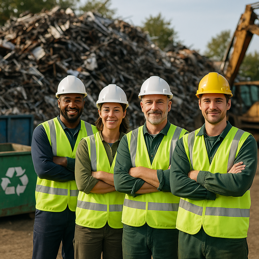 Team of recycling workers standing together in front of sorted scrap metal piles, looking satisfied.