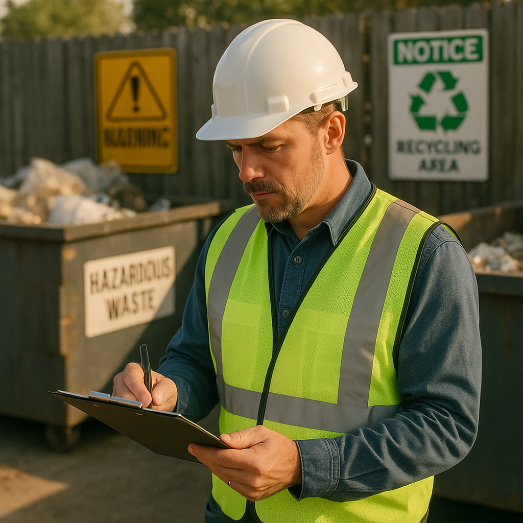 Regulatory Inspector at Recycling Site Regulatory inspector examining waste management processes at a recycling site with hazardous material bins and environmental warning signs.