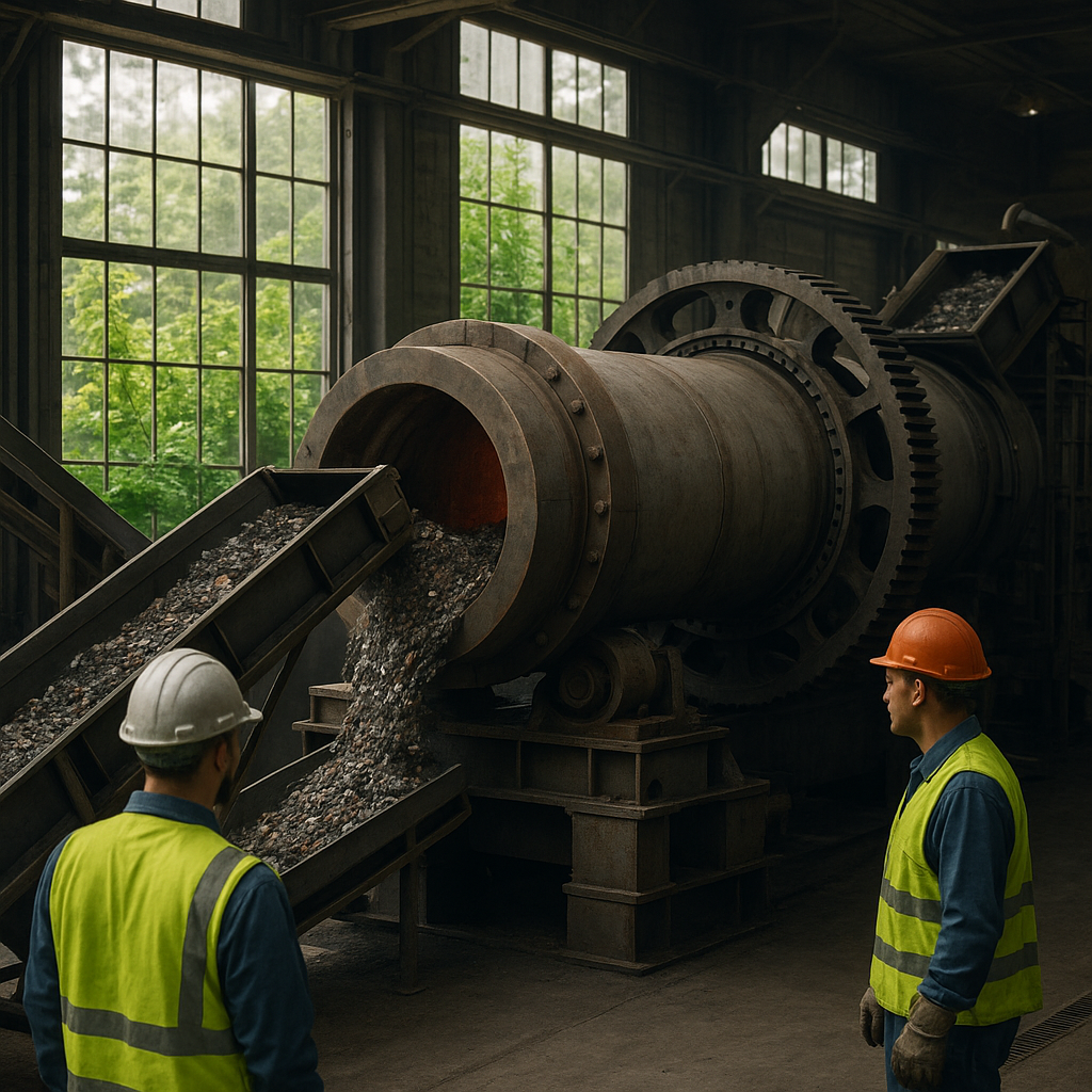 Rotary Kiln and Recycled Materials Rotary kiln processing metal scrap with conveyor belts feeding recycled materials and green plants growing outside large factory windows.