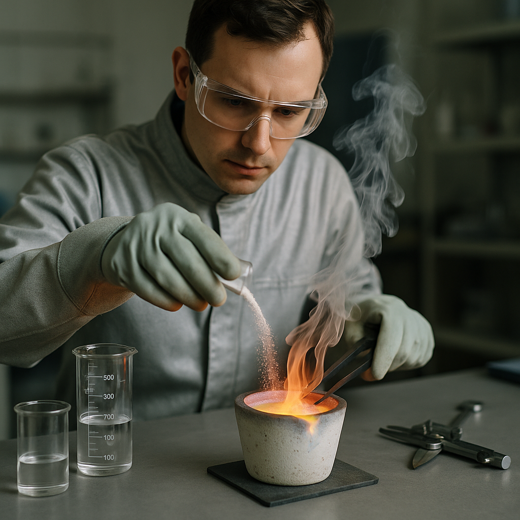 Scientist in Laboratory with Molten Metal Scientist in safety gear adding chemicals to a crucible of hot molten metal, with fumes rising and metal changing color, with precise equipment on the table.