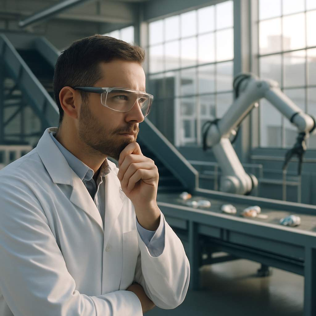 Thoughtful Scientist at Modern Recycling Plant Scientist or engineer looking thoughtfully at a modern recycling plant with sunlight streaming through windows.