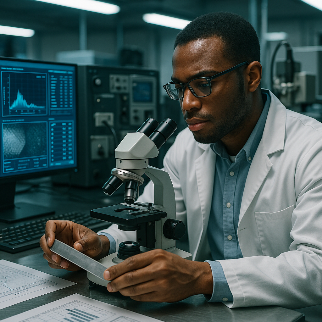 Futuristic Laboratory Metal Alloys Analysis Scientist analyzing metal alloys in a futuristic laboratory with advanced equipment and glowing monitors.