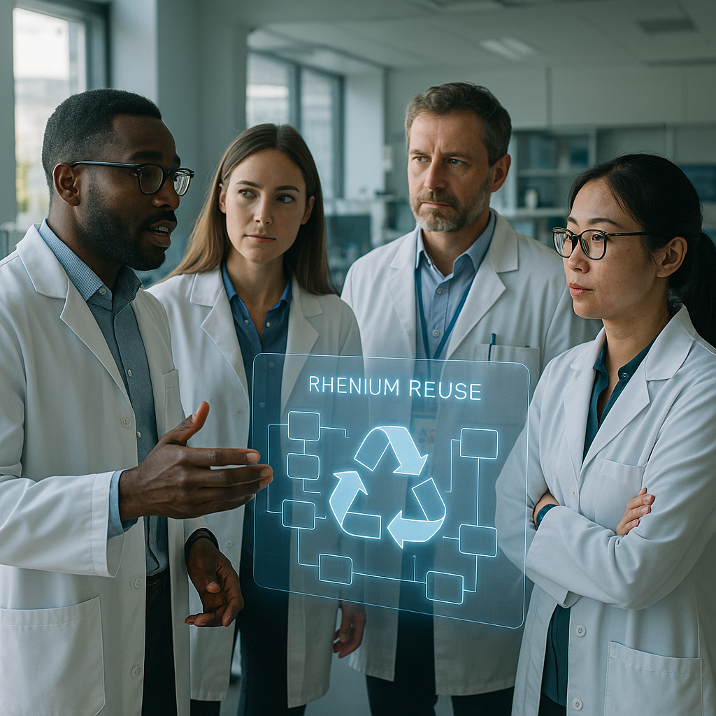 Advanced Recycling Technology Discussion Scientists and engineers discussing advanced recycling technology in a futuristic lab with holographic displays showing rhenium reuse pathways.