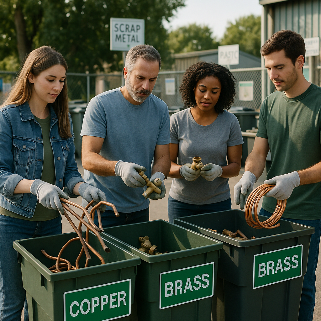 Recycling Scrap Copper and Brass People placing scrap copper and brass pieces into recycling bins at a community drop-off center