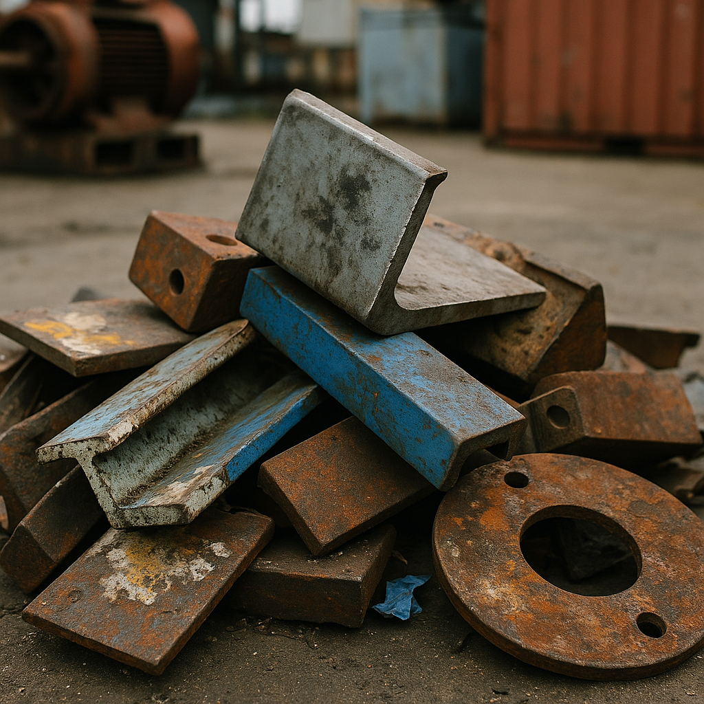 Close-Up of Scrap Metal Close-up of various scrap metal pieces with visible dirt, oil stains, paint, and plastic remnants on surfaces, against an industrial background.