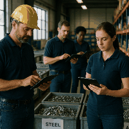 Warehouse with sorted scrap metal and employees using tablets for inventory tracking in Dallas, TX
