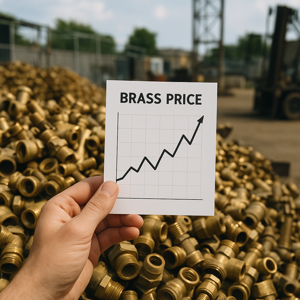 Close-up of a scrap metal yard with yellow brass parts and a hand holding a price chart.