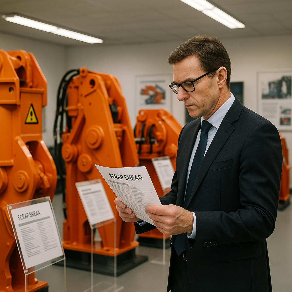 Expert Analysis of Scrap Shear Machines Expert examining technical specifications of scrap shear machines in a showroom, comparing different models in a focused and professional atmosphere.