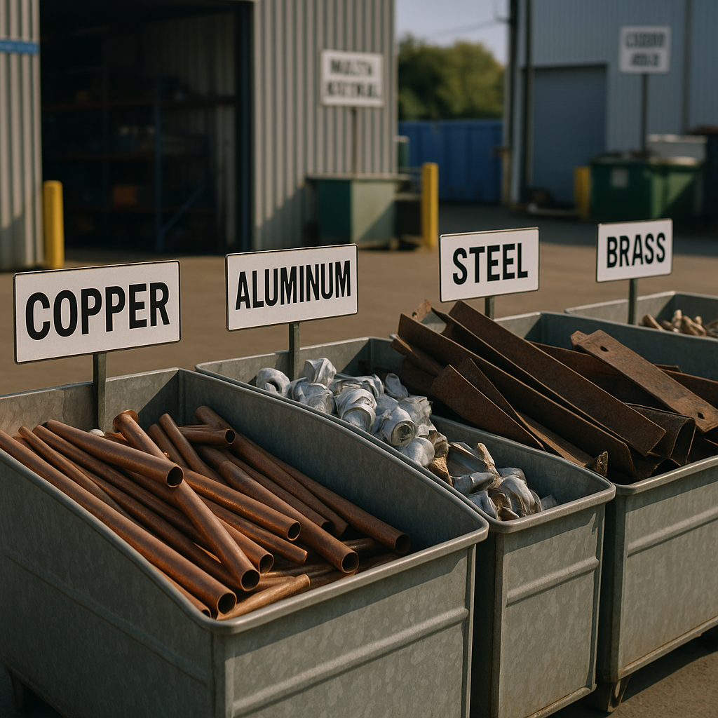 Sorted Scrap Metals at Recycling Center A variety of sorted scrap metals including copper pipes, aluminum cans, rusty steel beams, and brass fixtures in organized bins at a recycling center