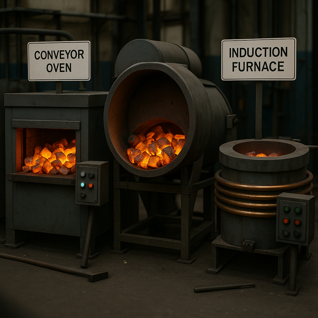 Comparison of Scrap Preheating Setups Side-by-side view of different scrap preheating setups including a conveyor oven, rotating drum, and induction furnace, each with glowing scrap metal inside.