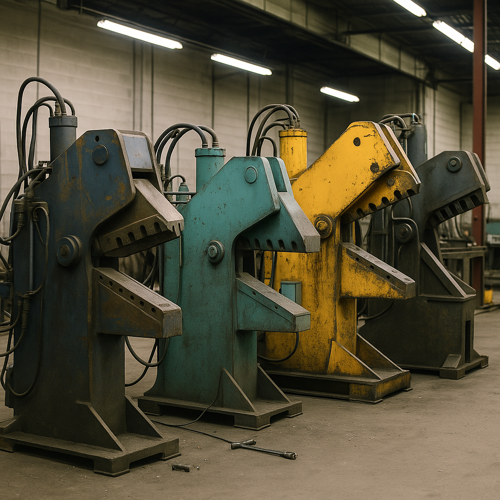 Various Scrap Shear Machines in Warehouse Row of various scrap shear machines in a warehouse, illuminated by bright overhead lights.