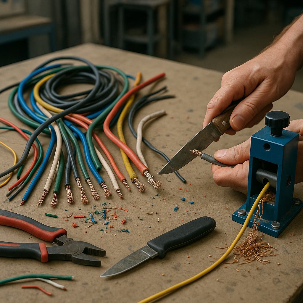 Scrap Wires in Workshop Setting Variety of scrap wires on a workshop table, showing sections where plastic is removed by hand, knife, and wire stripping machine.