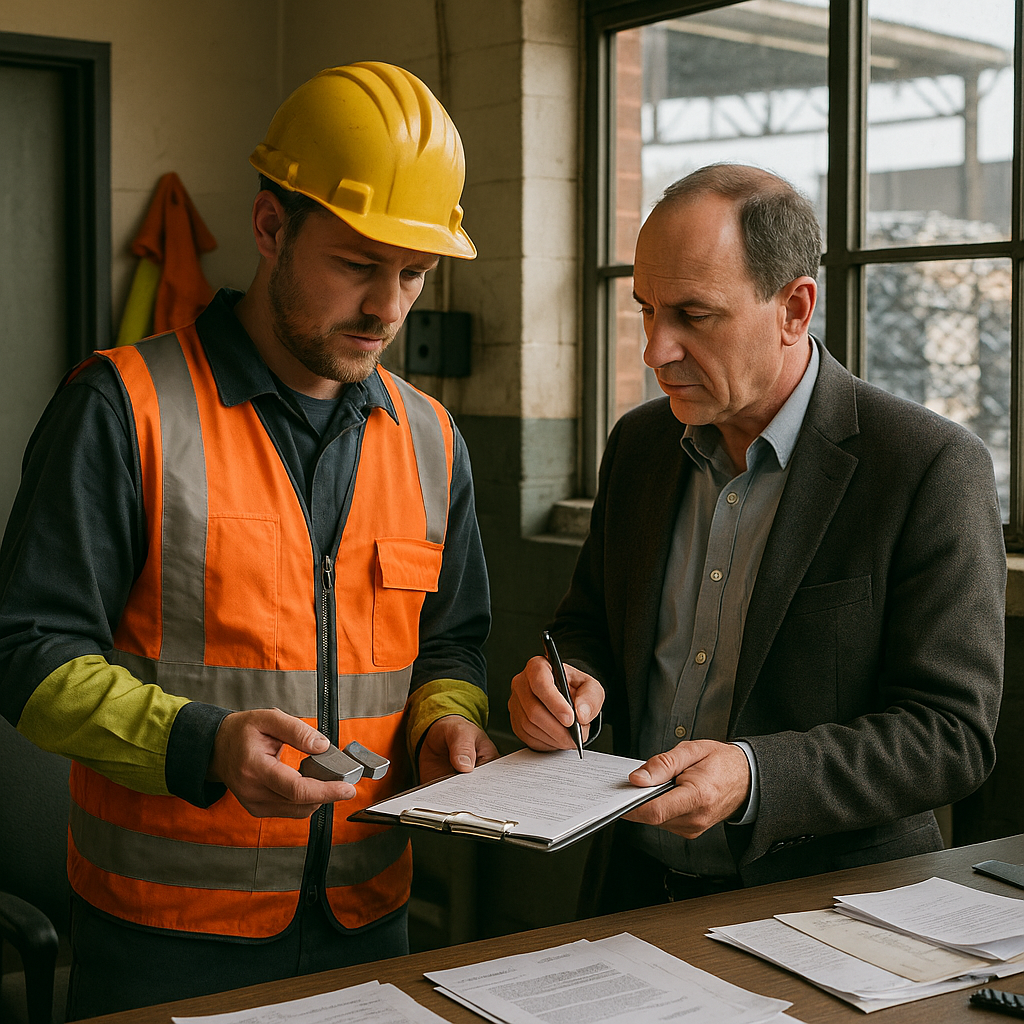 Scrapyard Negotiation A scrapyard manager and metal dealer negotiating prices over a clipboard with sample metal pieces, surrounded by stacks of sorted metal in an industrial office setting.