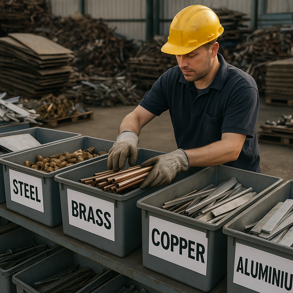 Scrapyard Worker Sorting Scrap Metals A scrapyard worker placing sorted scrap metals into labeled bins at an organized recycling center.