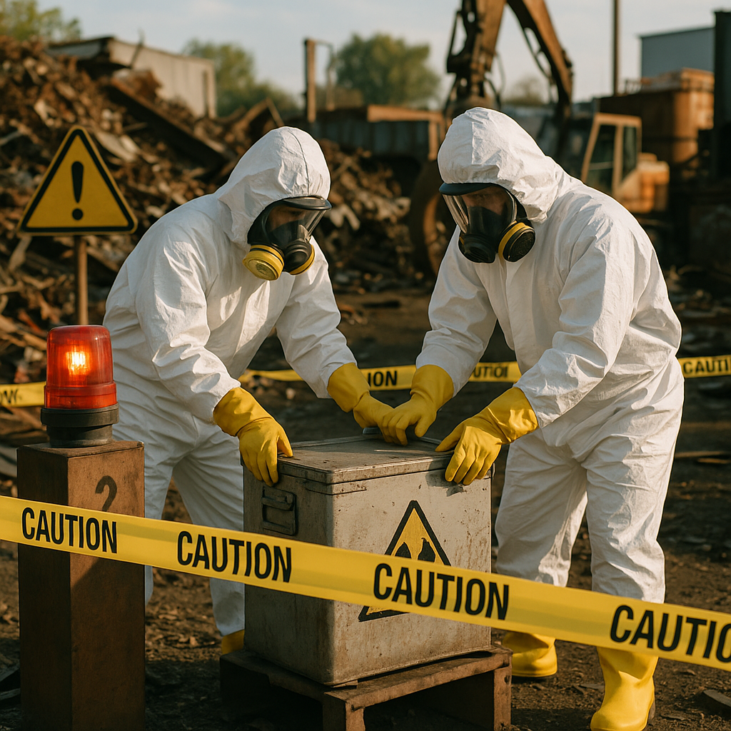 Security personnel in protective suits isolating a marked metal container in a scrapyard with alarm lights flashing and caution tapes around the area