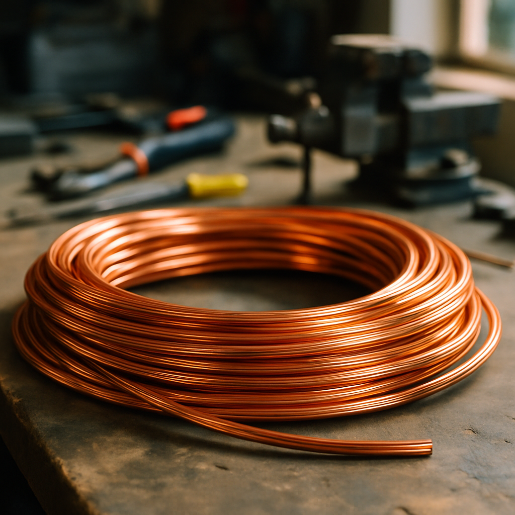 Close-up of shiny, untarnished copper wires coiled on a workshop table.