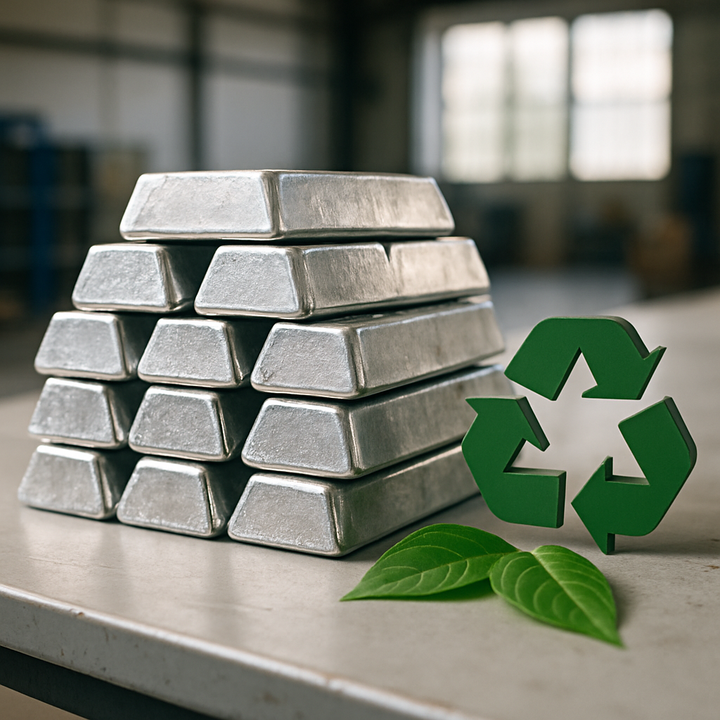 Sustainable Metal Ingots Shiny metal ingots stacked on a clean warehouse table with recycling icons and green leaves, illuminated by daylight, symbolizing sustainability.