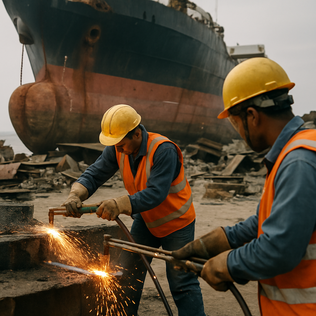 Shipbreaking Workers Dismantling Cargo Ship Workers in helmets and safety vests using cutting torches to dismantle a large cargo ship on a shipbreaking beach.