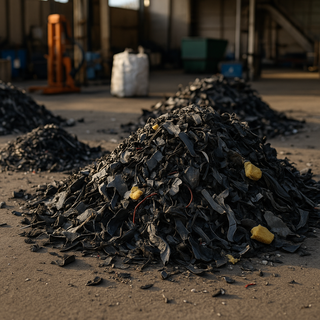 Shredded Car Parts in Recycling Facility Piles of shredded car parts and materials including plastics, wires, foam, and metal fragments on a concrete floor in an industrial recycling facility.