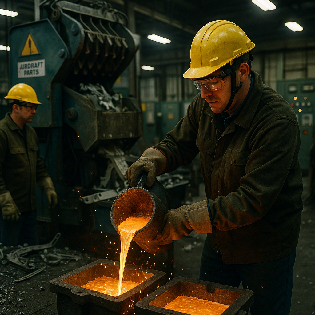 Industrial Recycling of Airplane Metal Parts Workers operating machines that shred and melt used airplane metal parts in an industrial plant, with molten metal being poured into molds.