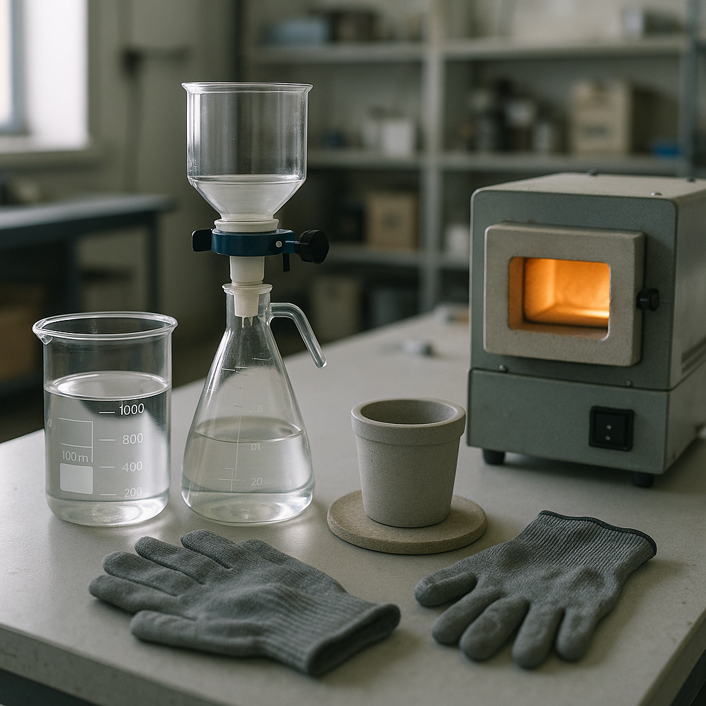 Silver Recovery Equipment on Workbench Assortment of silver recovery equipment including glass beakers, protective gloves, filtration apparatus, crucible, and small furnace on a clean workbench in an industrial laboratory.