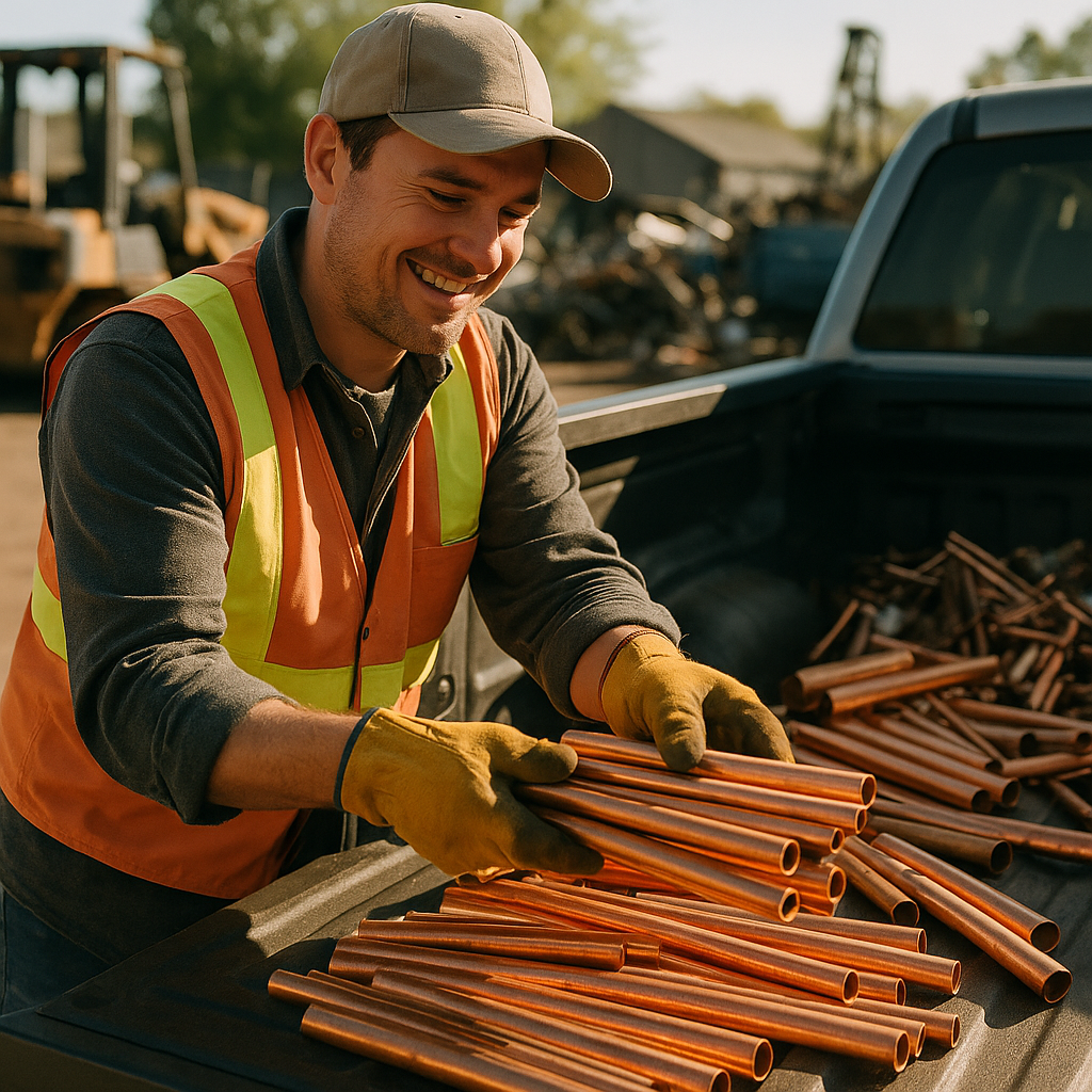 Recycler Loading Cleaned Copper at Scrap Yard Smiling recycler loading cleaned copper into truck at scrap yard, with sunlight highlighting the copper in the truck bed.
