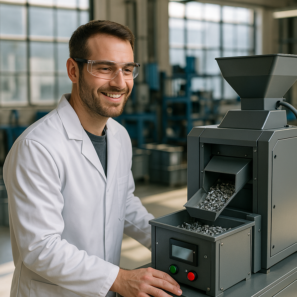 Technician Monitoring Metal Recycling System Smiling technician monitoring a compact metal recycling system in a factory
