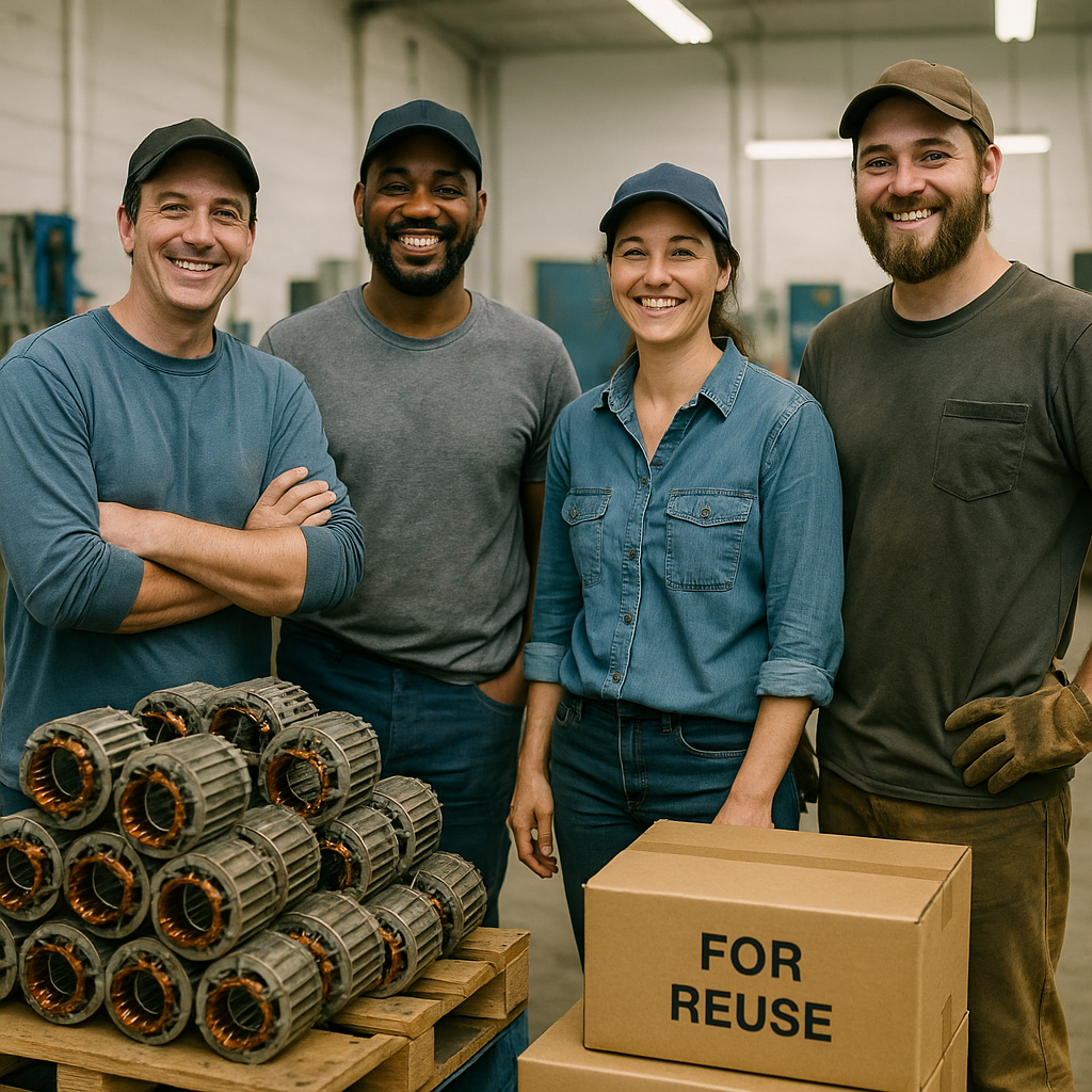 Smiling workers standing beside stacked recycled electric motor parts in a clean workshop with labeled boxes for reuse.