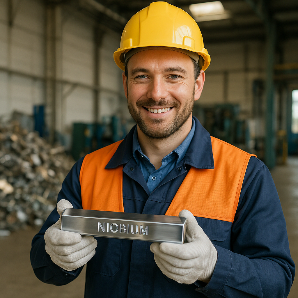Engineer Holding Niobium Metal Bar Smiling engineer holding a clean, shiny niobium metal bar with recycled metal pieces in the background in a bright industrial environment.